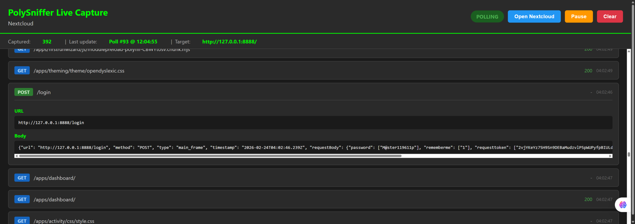 PolySniffer-Live-Capture-Nextcloud-02-24-2026_12_05_PM login via polySiffer