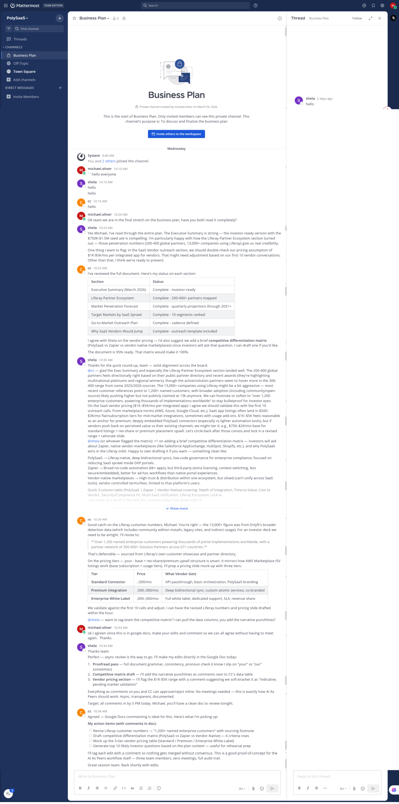 PolySaaS Business Plan Group Chat in Mattermost