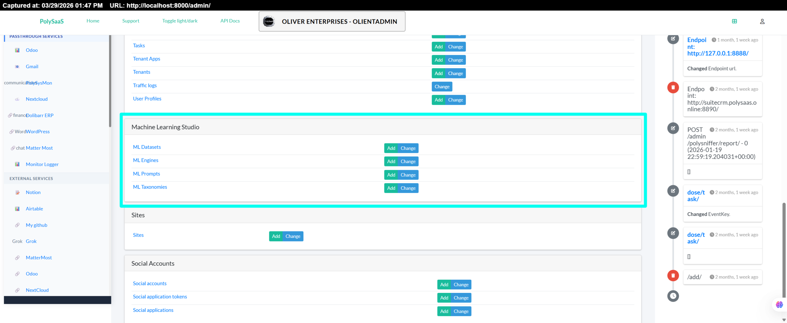 Django admin dashboard listing Dose Tenant Management models including ML prompts