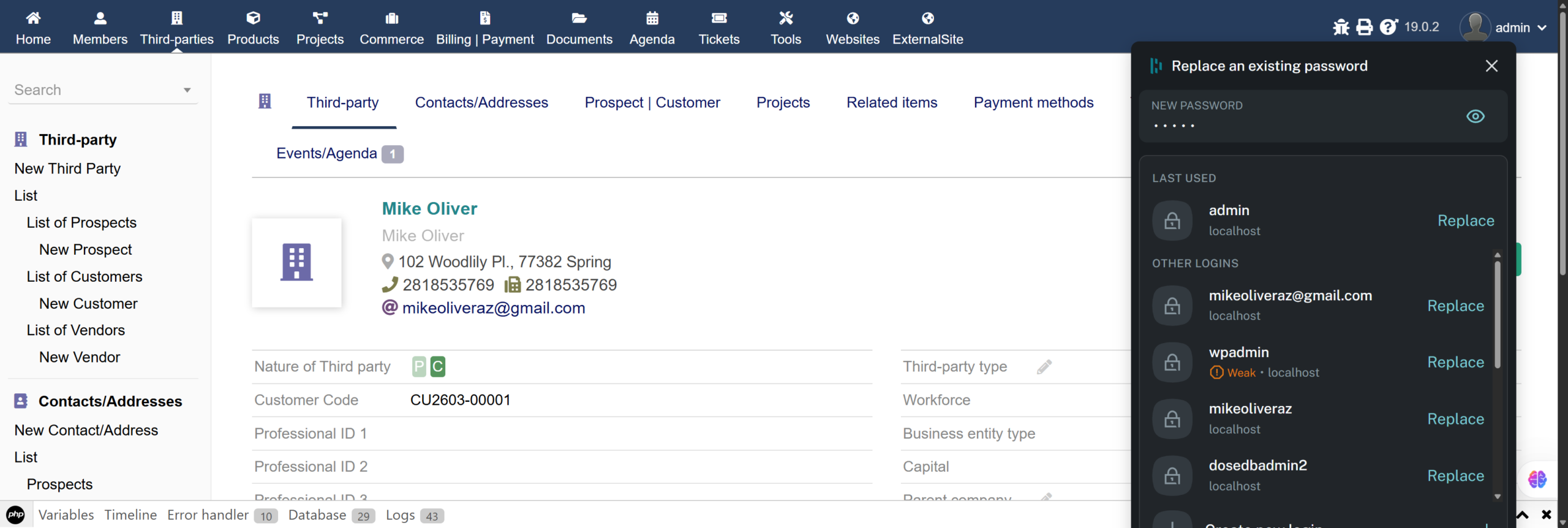 Mike Oliver customer card in Dolibarr showing all synced fields