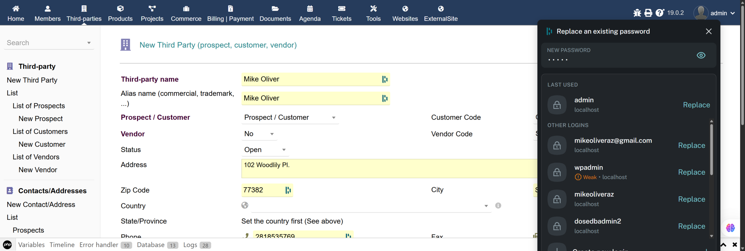 Dolibarr New Third Party form filled with Mike Oliver data