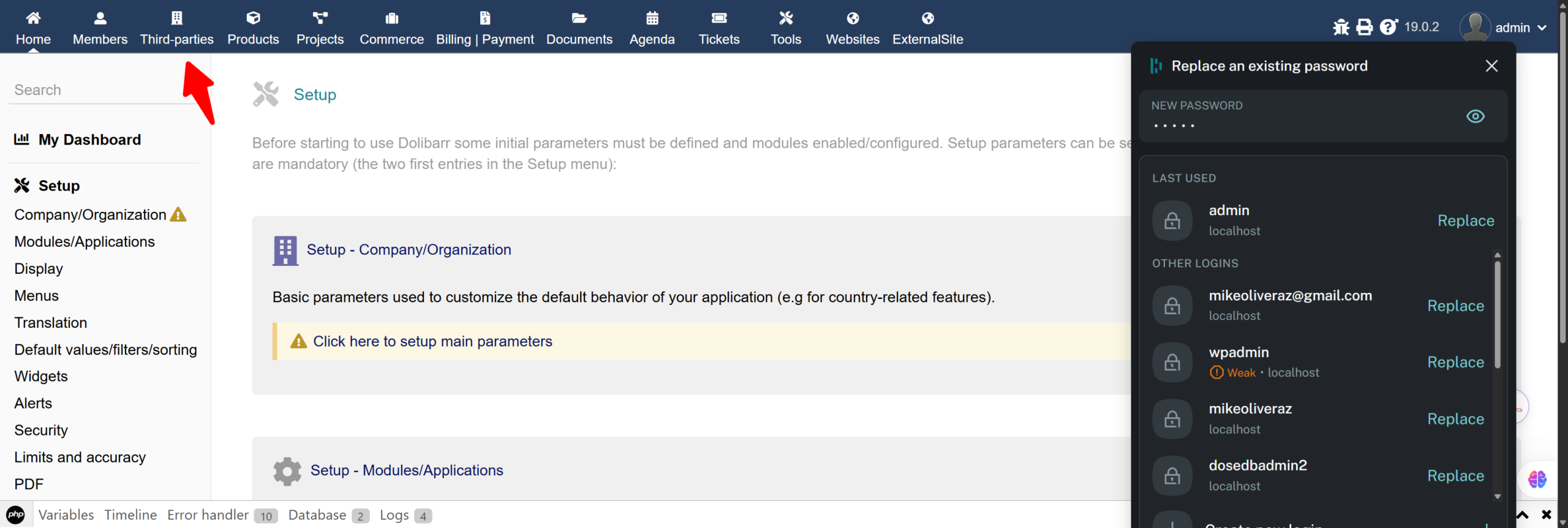 Dolibarr admin with Third-parties menu highlighted