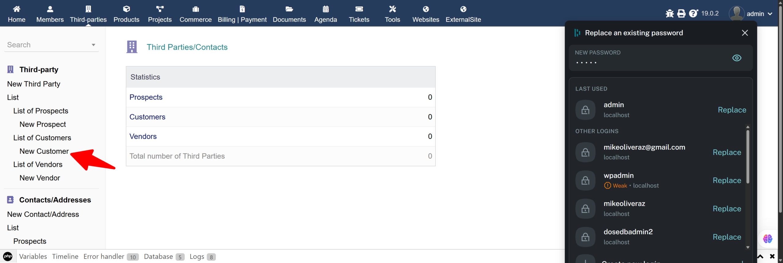 Third-parties sidebar with New Customer highlighted