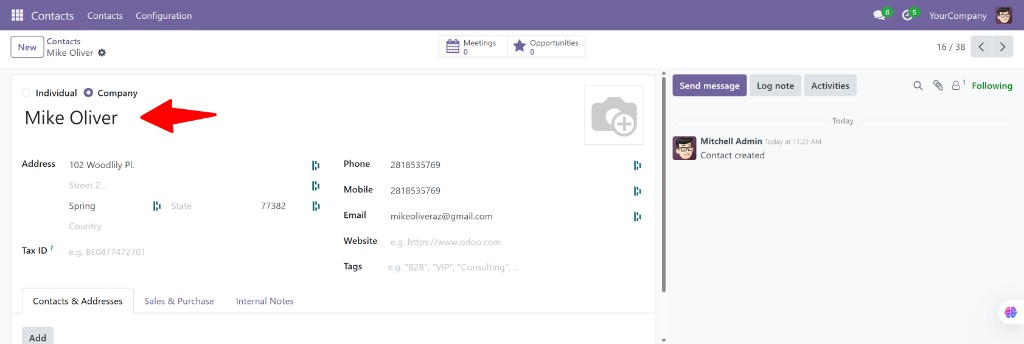 Odoo Contact detail page for Mike Oliver showing all synced fields