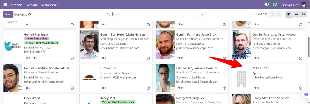 Odoo Contacts grid view showing Mike Oliver synced from Dolibarr