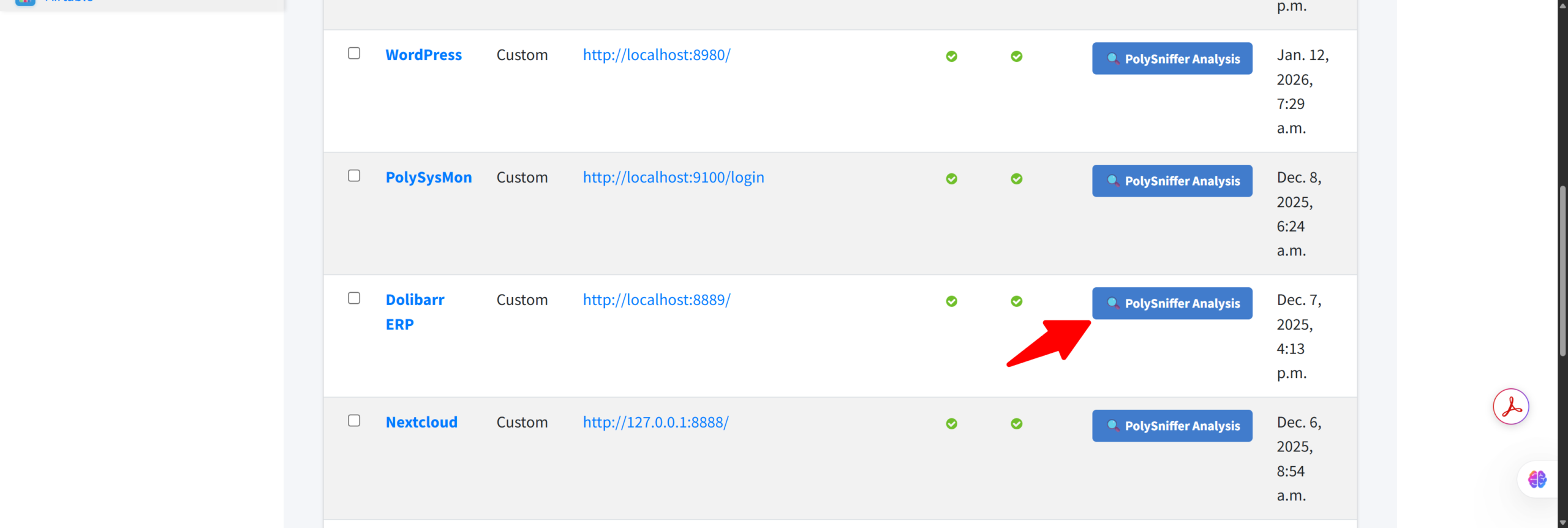 PassThrough endpoint admin with PolySniffer Analysis button for Dolibarr