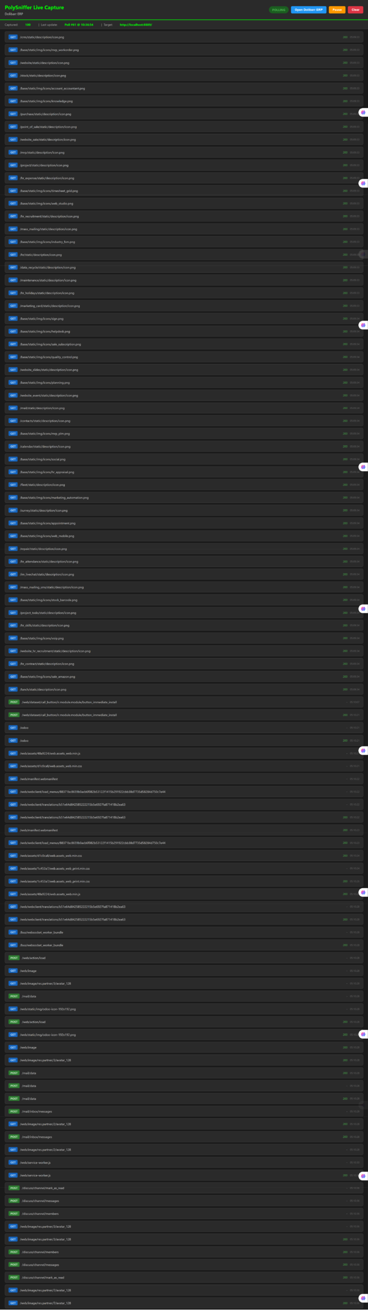 PolySniffer live capture dashboard with Dolibarr traffic entries